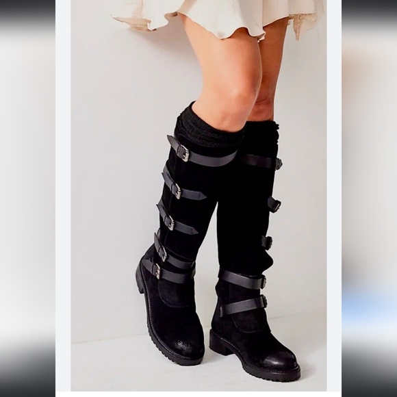 Free People Shoes - Free People Tristie Buckle Boot Tall Suede Leather Straps Lug Sole Black 6.5, 7